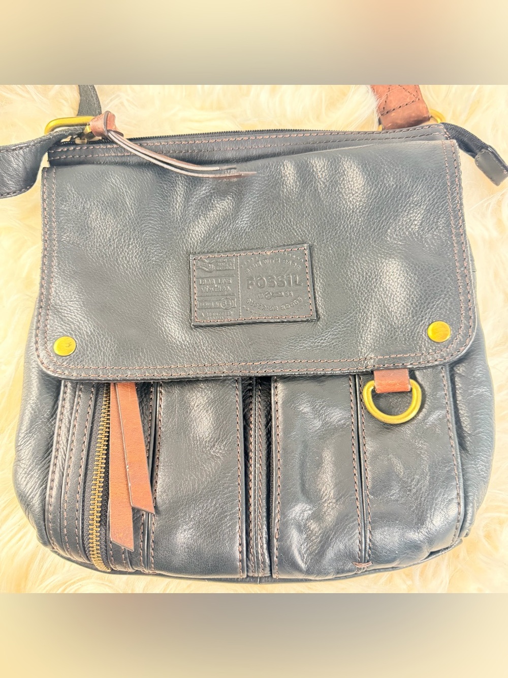 Fossil Black Leather Flap Crossbody Brass Hardware